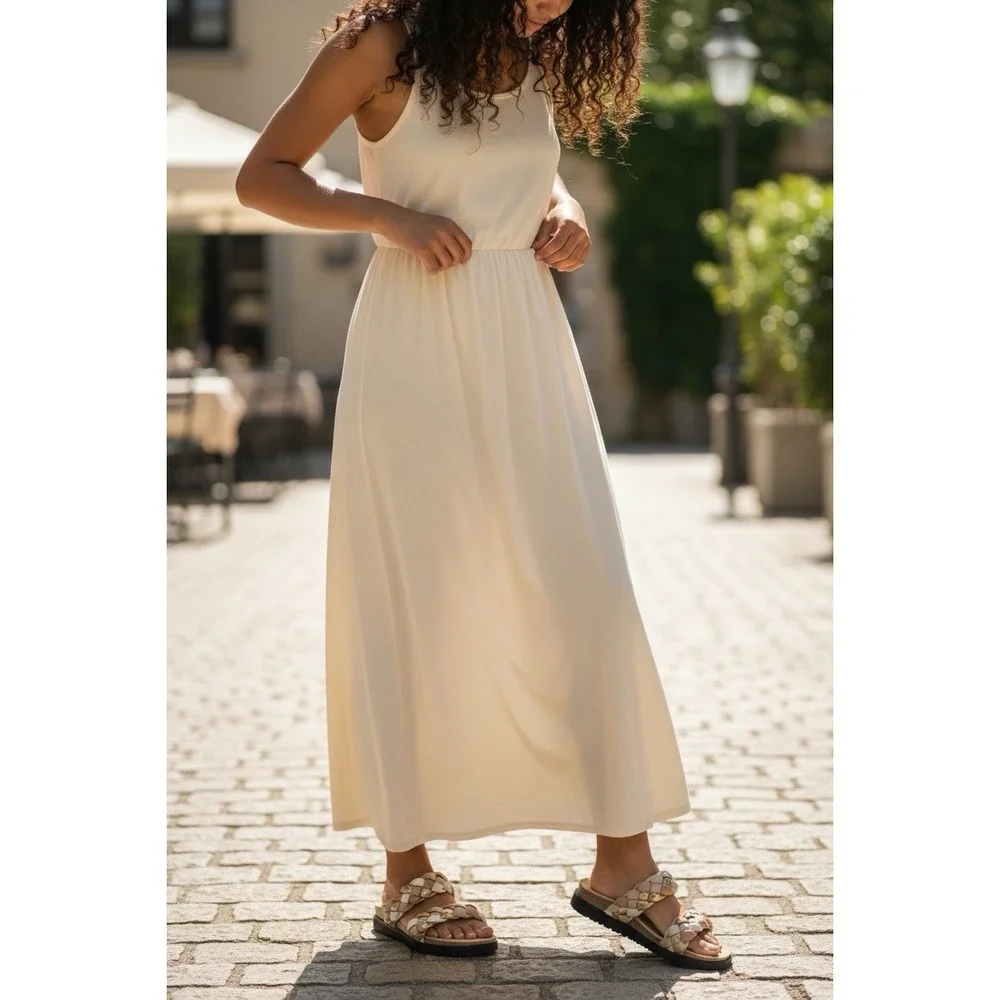 Easy Street Womens Braided Double Strap Slide Sandals Gold Beige Cream Size 7.5M